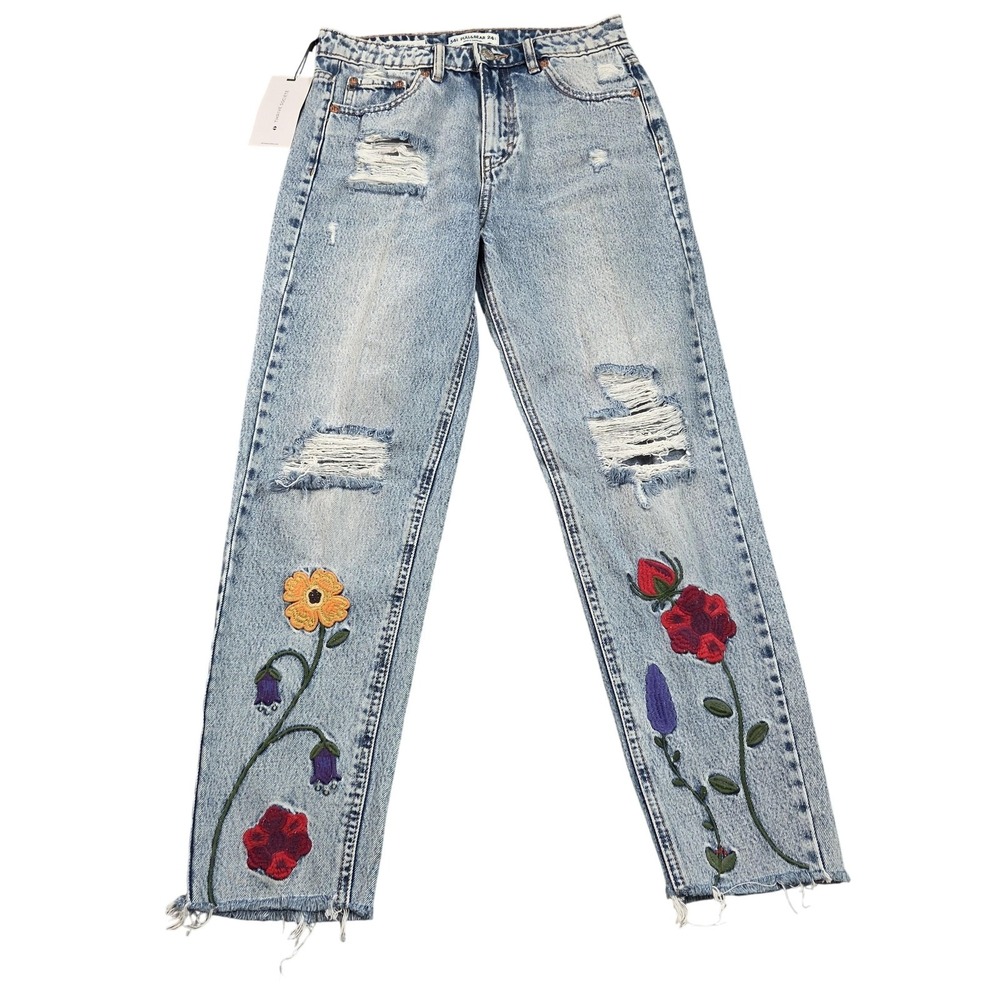 Pull&Bear Mom Jeans Womens 27 Light Blue Wash Mid Rise Distressed Floral Denim